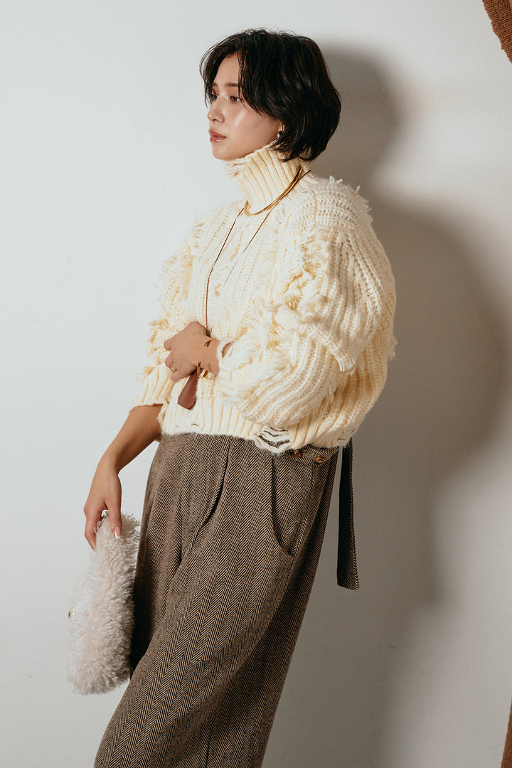 [SET]フリンジタートルショートニット+クラシックヘリンボーンサロペット(2set)