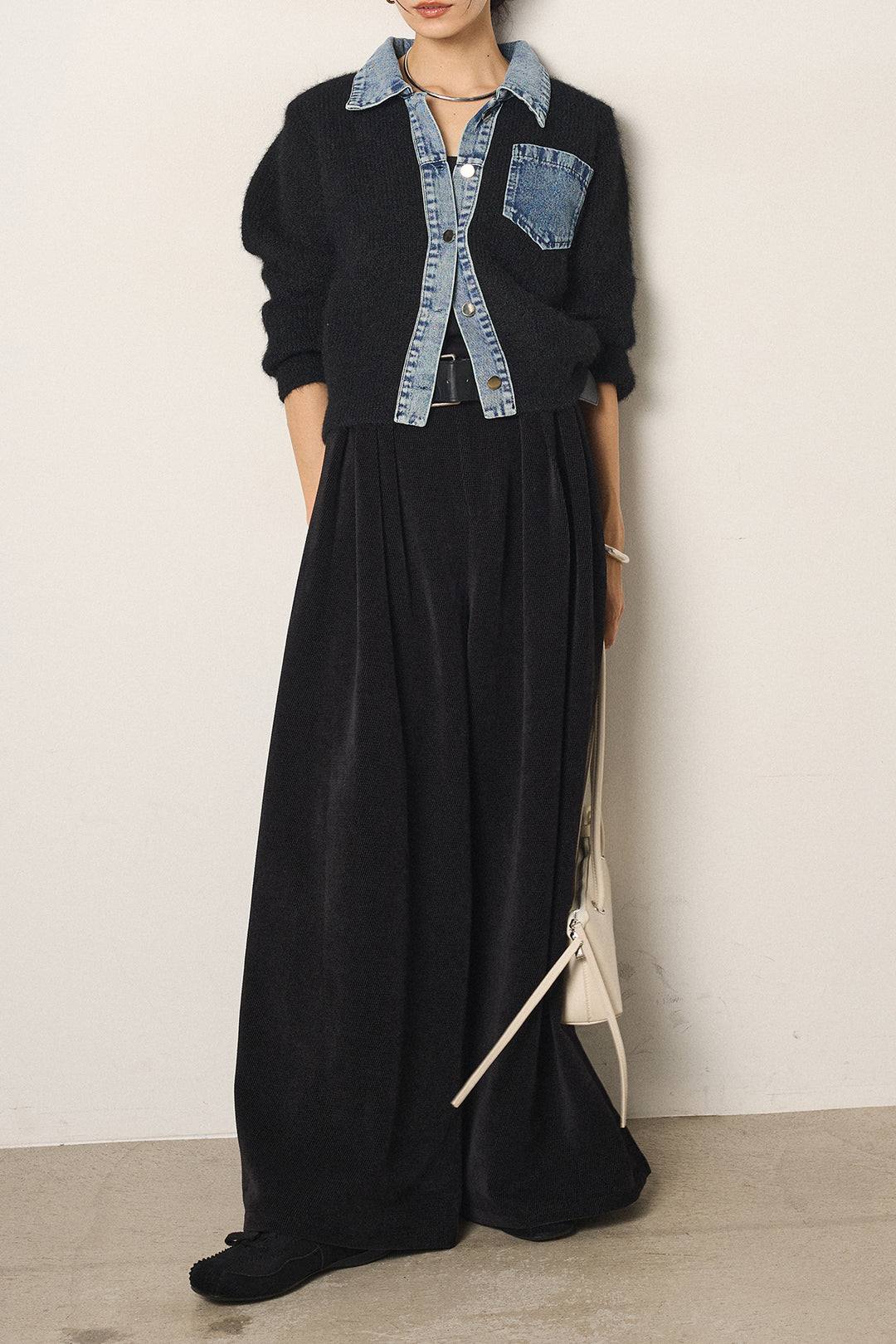 [SET]襟付きデニム切替ニットカーディガン+ベルトループコーデュロイワイドパンツ(2set)