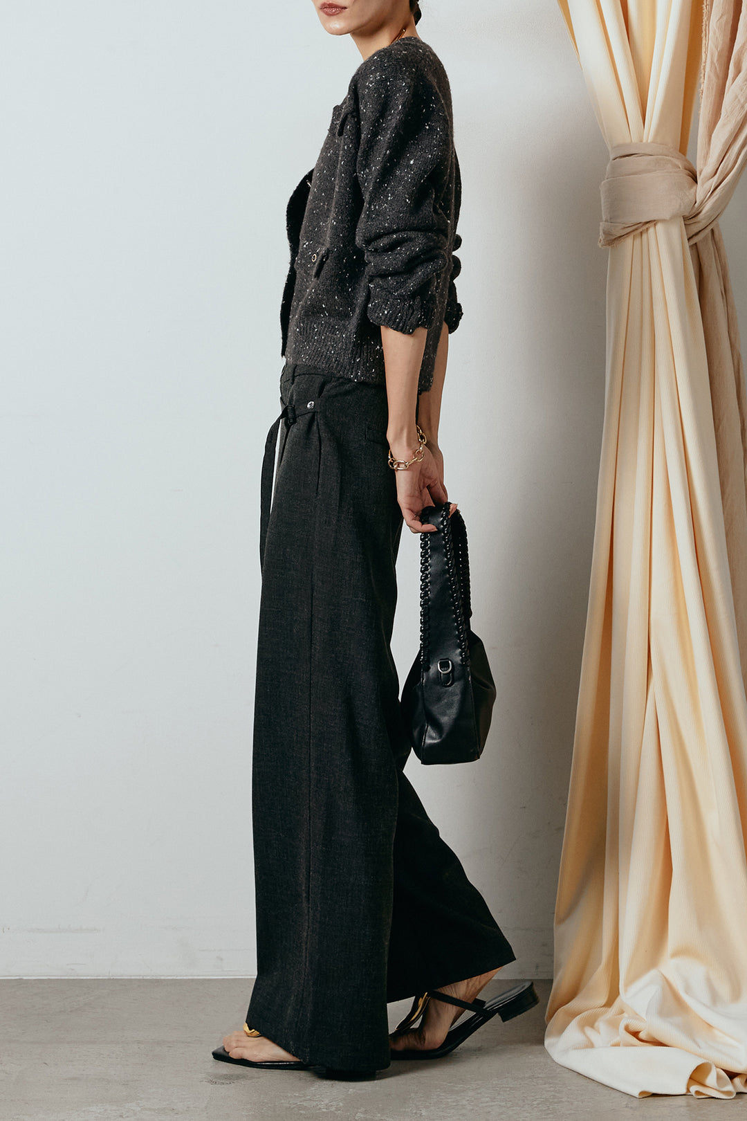 [SET]ネップニットカーディガン+ラップ巻きワイドスラックス(2set)