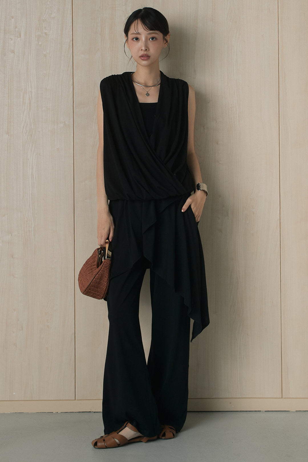[SET]カシュクールドレープカットソー+スカート付きカットパンツ(2set)