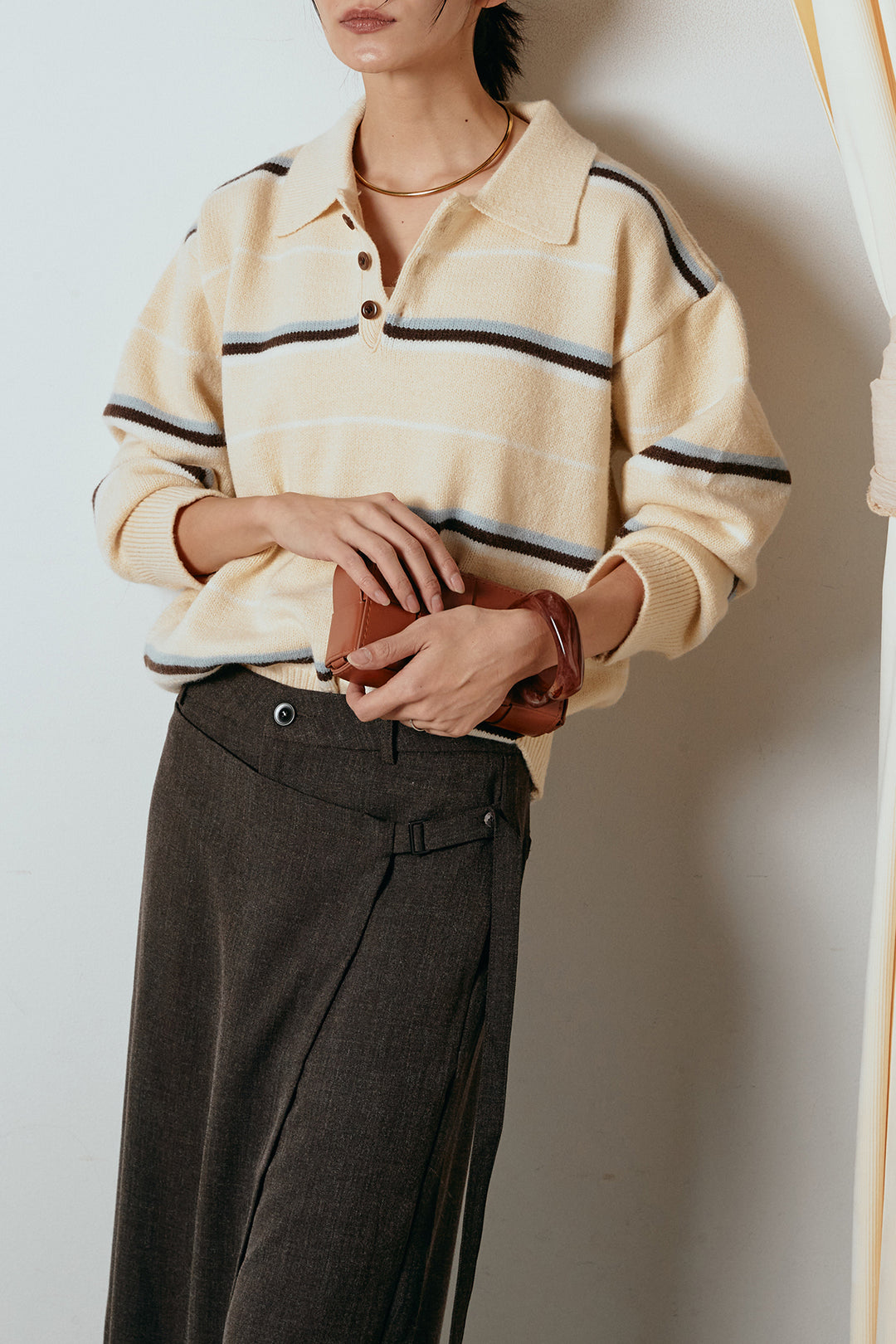 [SET]襟付きマルチボーダーニットポロトップス+ラップ巻きワイドスラックス(2set)