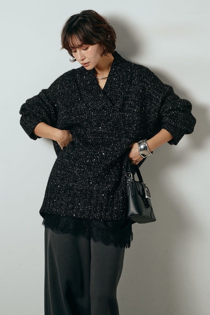 [SET]Vネックラメニットトップス+裏起毛スウェットワイドパンツ+レース切り替えキャミソール(3set)