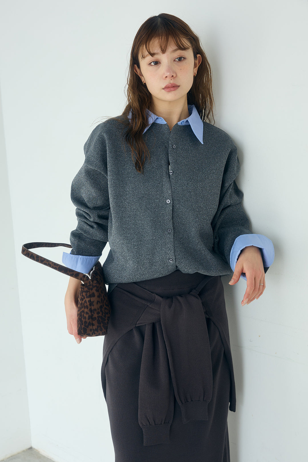 [SET]シャツレイヤード風カーディガン+レイヤードニット巻きスカート(2set)