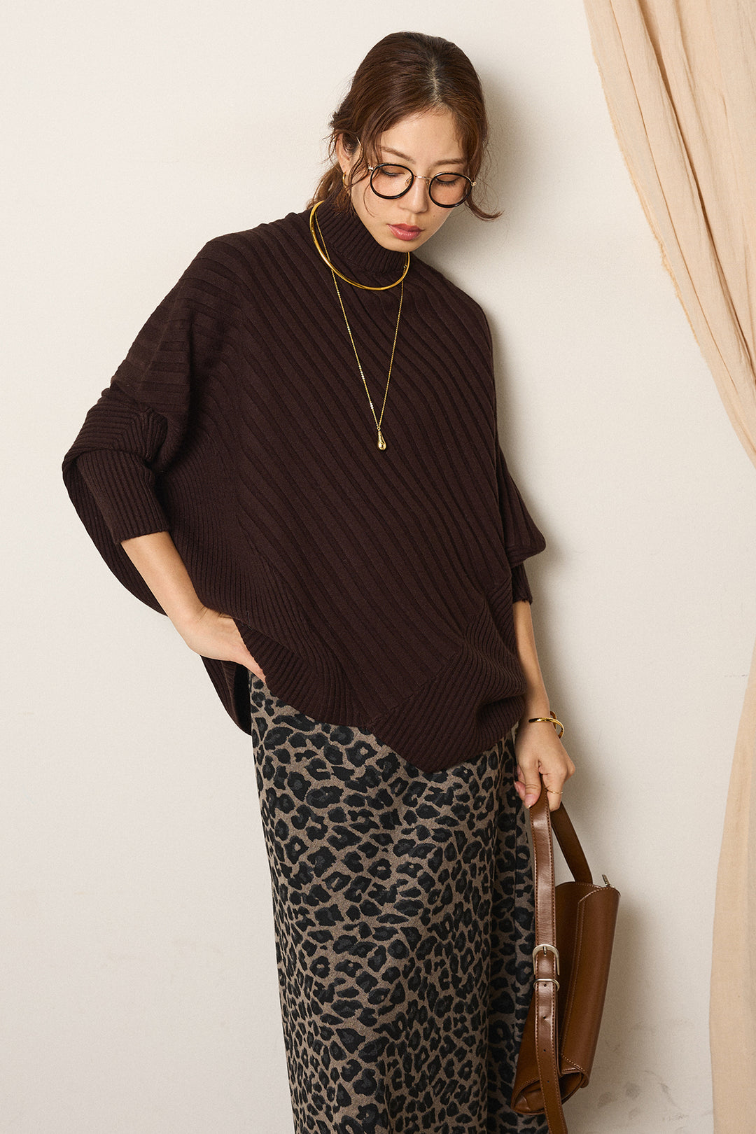 [SET]アシメデザインリブポンチョニットトップス+レオパードロングスカート(2set)
