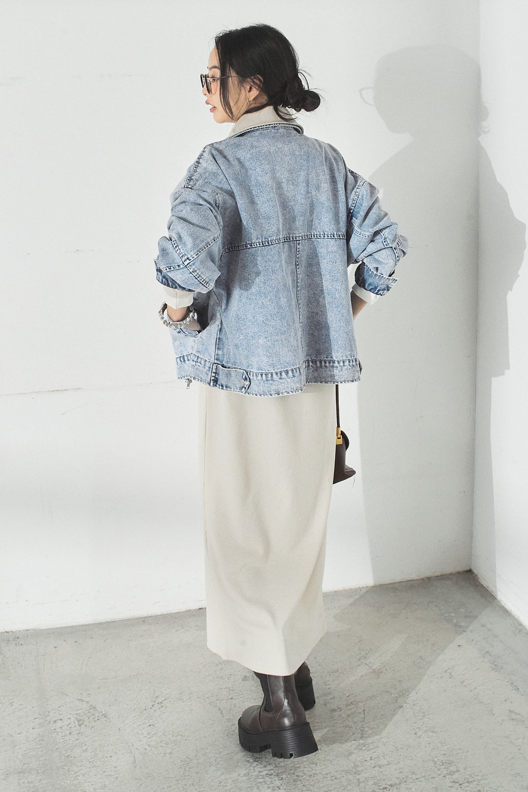 [SET]加工デニムレザー襟付きデニムブルゾン+カットリブレイヤードヘンリーネックワンピース(2set)