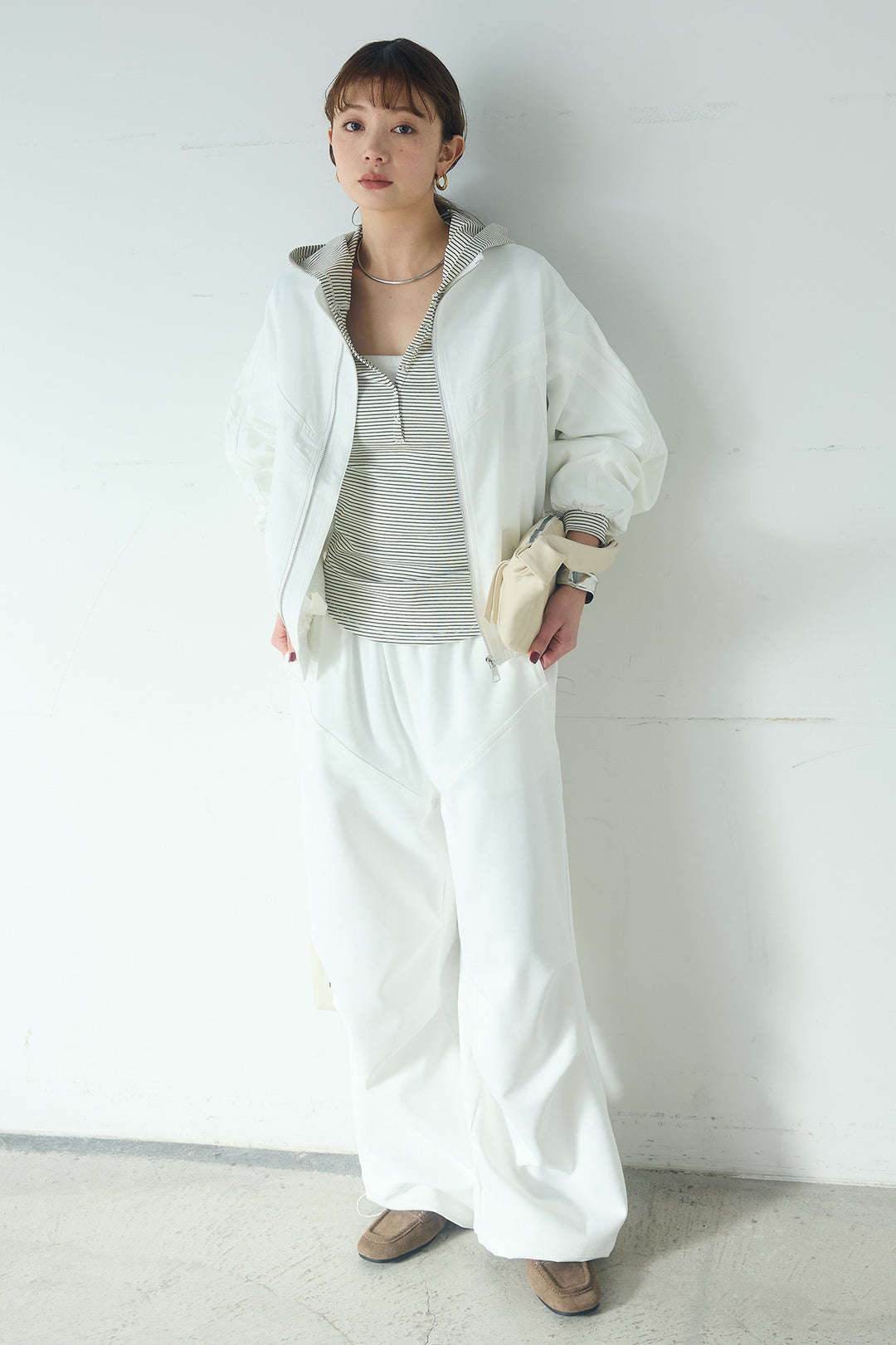 [SET]マルチ切り替えドルマンブルゾン+ランダムタックデザインワイドパンツ+ボーダーフーディーロンT(3set)