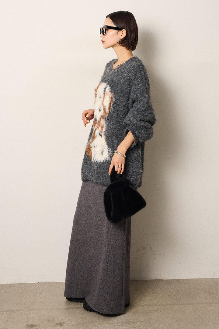 [SET]シャギーニュアンスアニマルニット+リブナローニットスカート(2set)