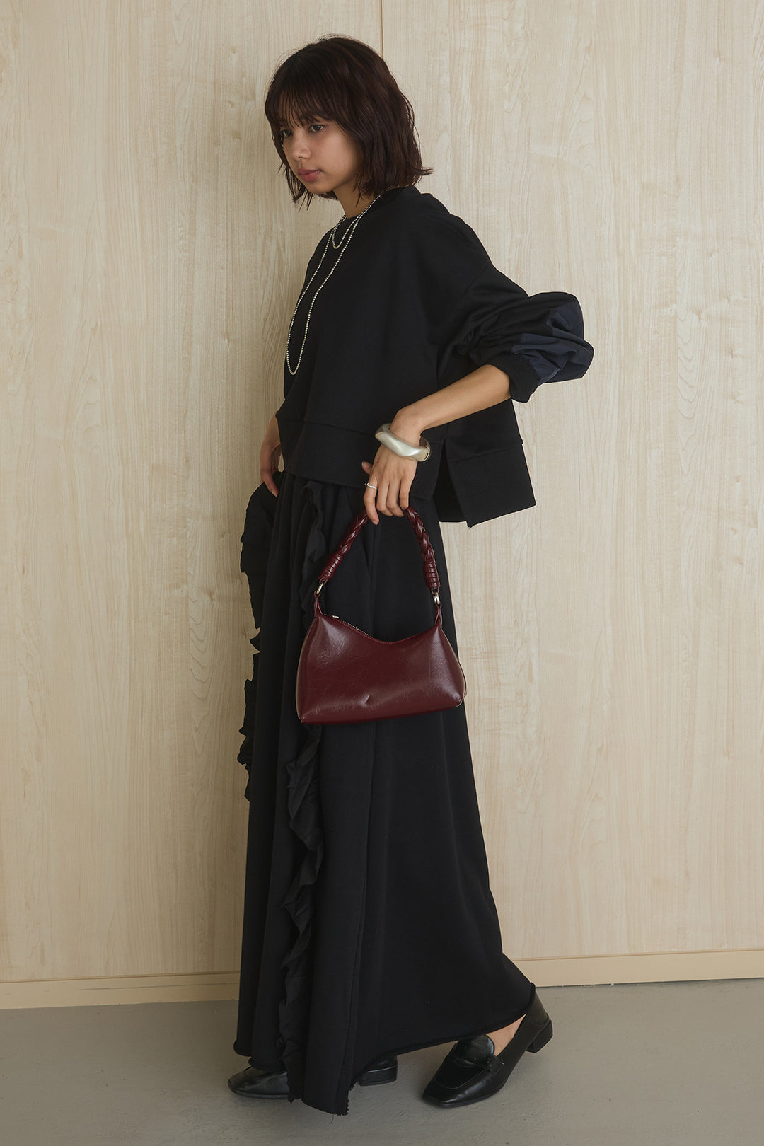 [SET]アームパッチスウェットプルオーバー+ビッグフリルスウェットロングスカート(2set)