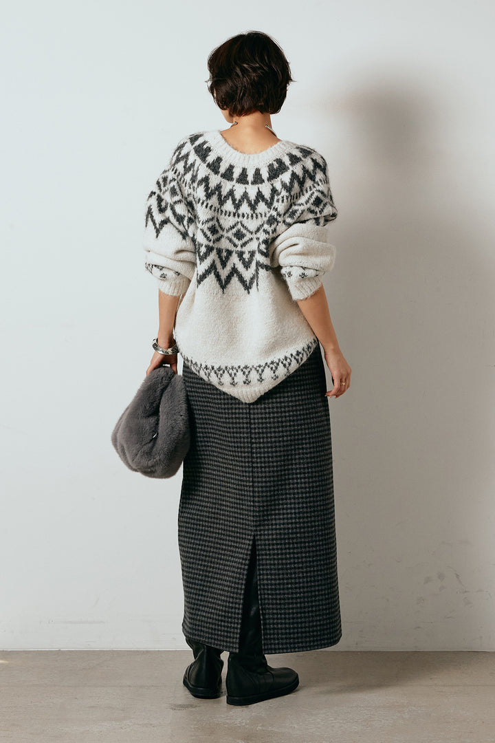 [SET]ノルディック柄Uネックプルオーバー+スエード調ベルト付きチェックナロースカート(2set)