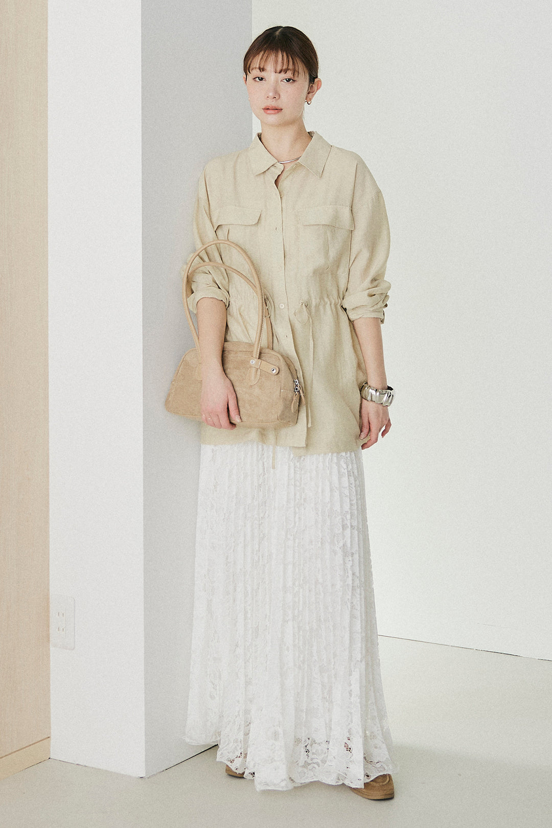 [SET]リネンブレンドシアーサファリシャツ+リラックスプリーツスカート(2set)