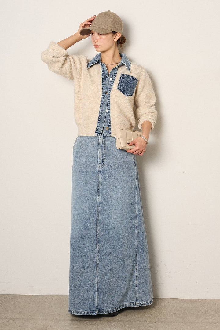 [SET]襟付きデニム切替ニットカーディガン+デニムロングフレアスカート(2set)