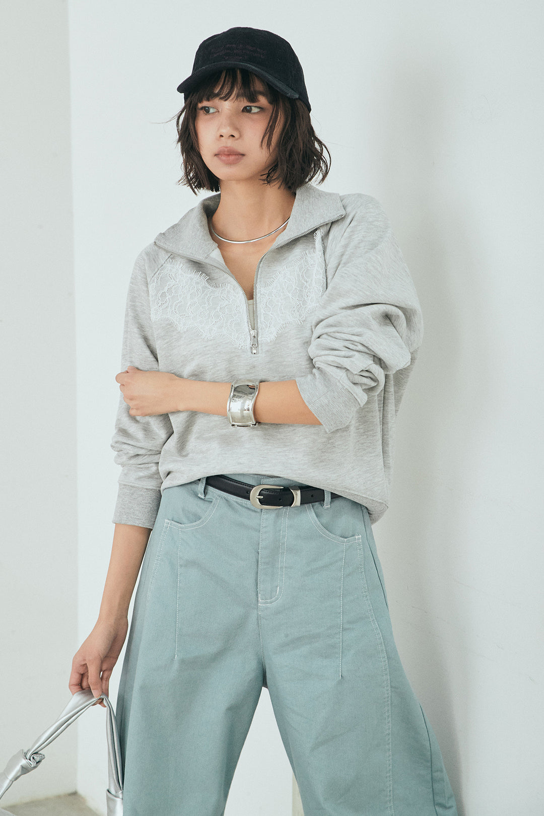 [SET]リバーレースハーフジップ裏毛スウェット+ツイル配色ステッチバレルパンツ(2set)