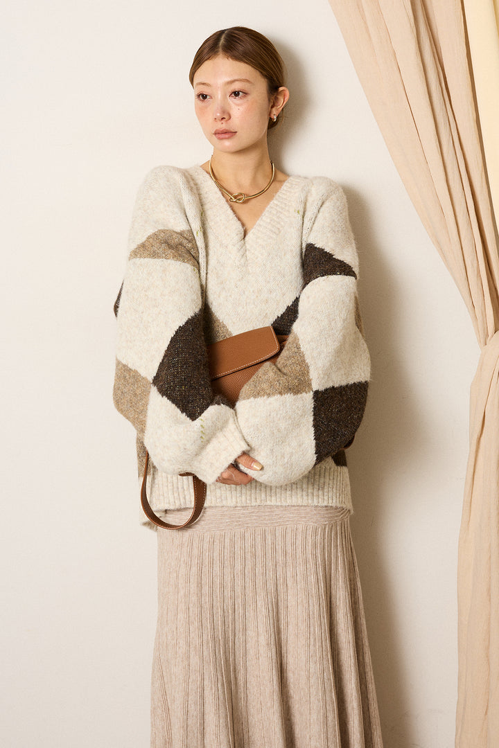 【着回しセット】[SET]ルーズアーガイルVネックニット+ルーズアーガイルVネックニット+編み地切り替えフレアニットスカート(3set)