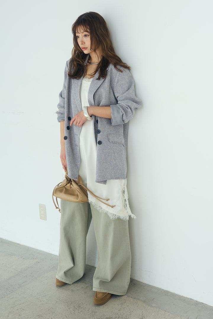 [SET]スラブネップツイードフリンジテーラードジャケット+ウエスト裁ち切りデニムワイドパンツ(2set)