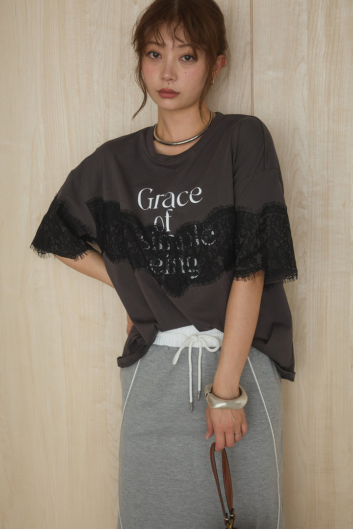 [SET]レースロゴプリントTシャツ+ミニ裏毛ストレートスカート(2set)