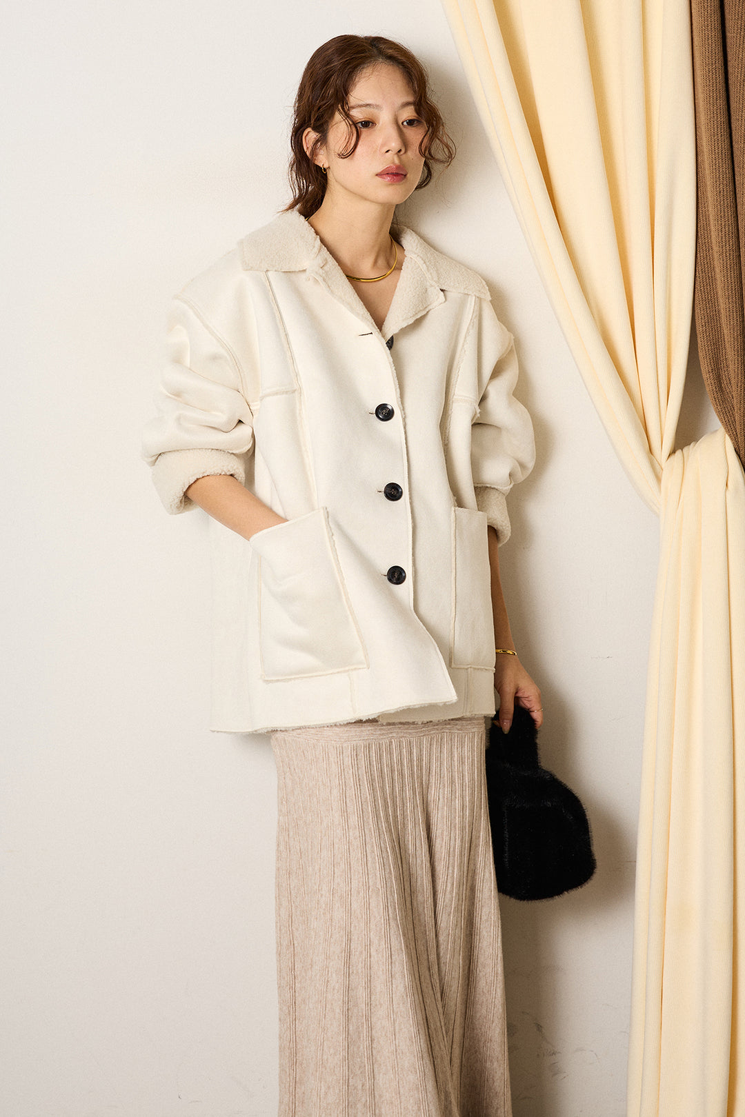 [SET]エコムートンカバーオール+編み地切り替えフレアニットスカート(2set)