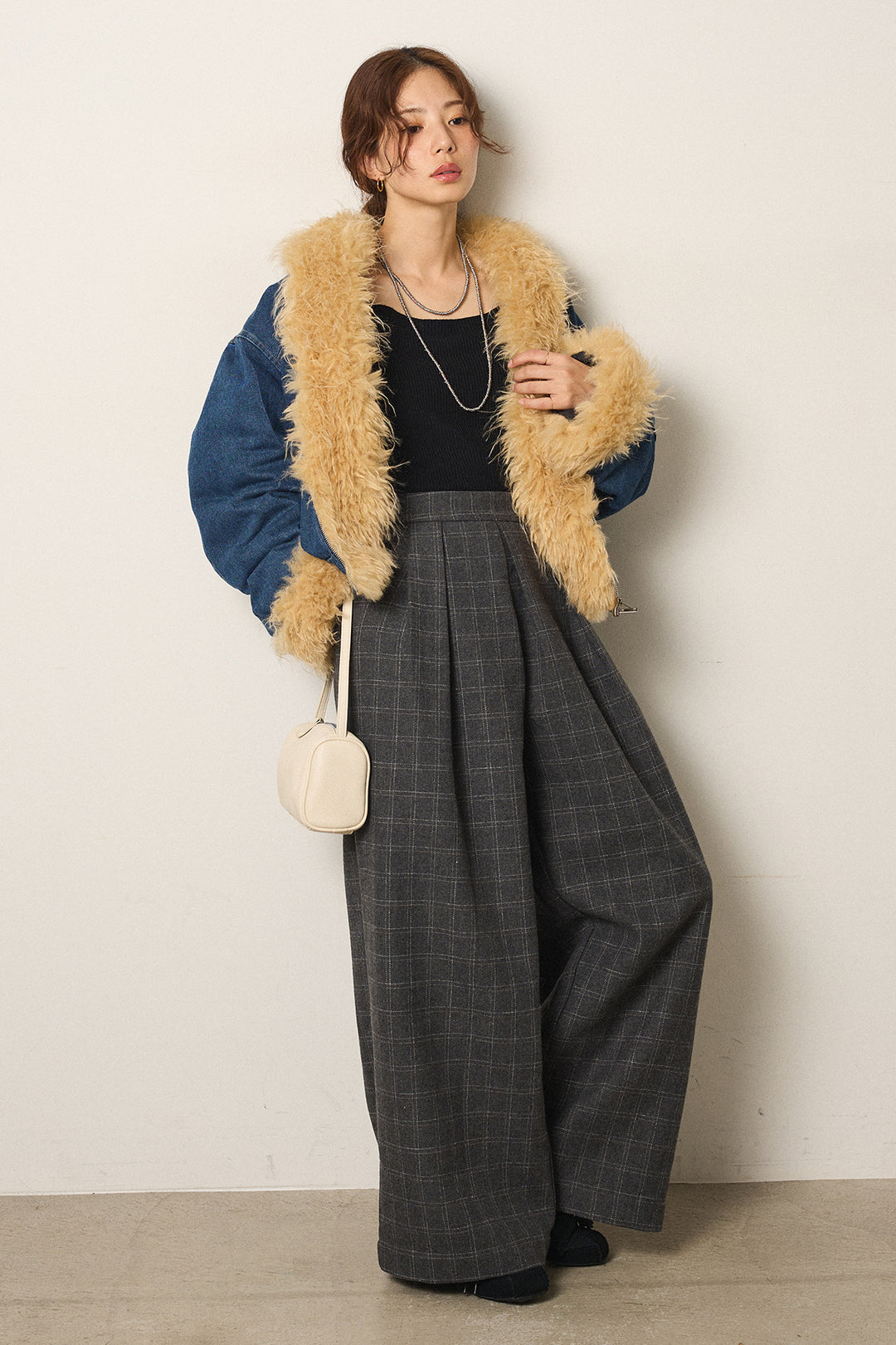 [SET]エコファーデニムボアジャケット+ウールライクチェックタックパンツ(2set)