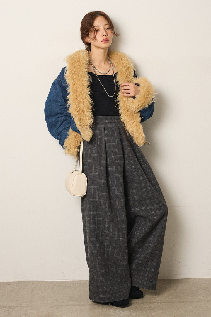 [SET]エコファーデニムボアジャケット+ウールライクチェックタックパンツ(2set)