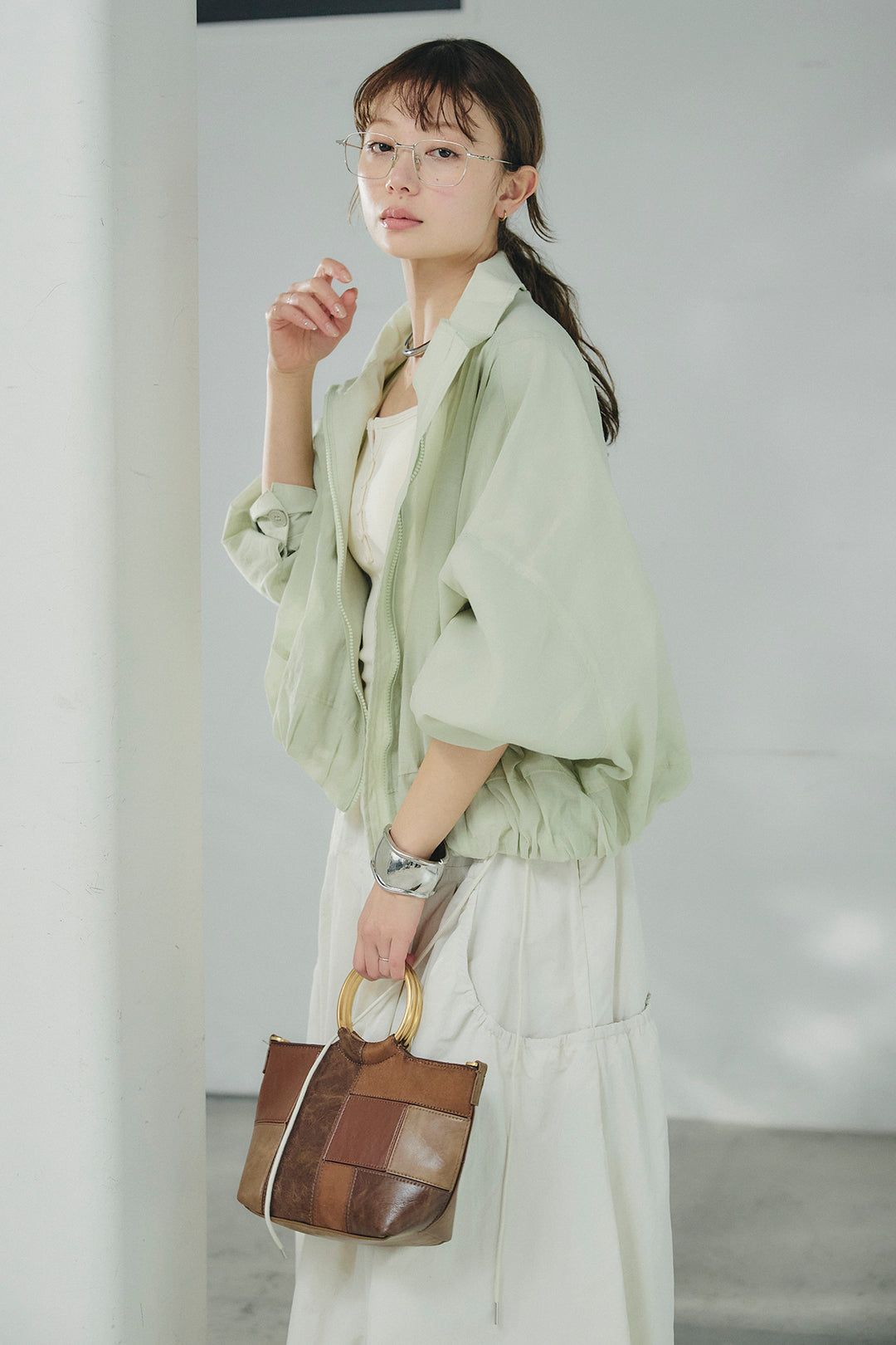 [SET]スタンドネックシアーブルゾン+ナイロンデザインフレアスカート(2set)