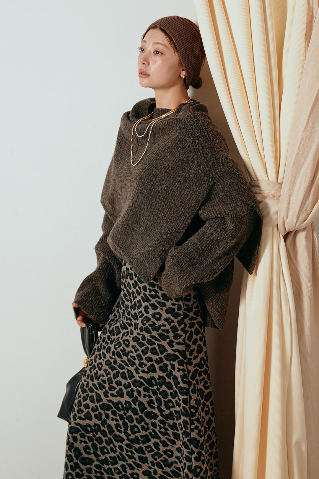[SET]ケープデザインリブニットトップス+レオパードロングスカート(2set)