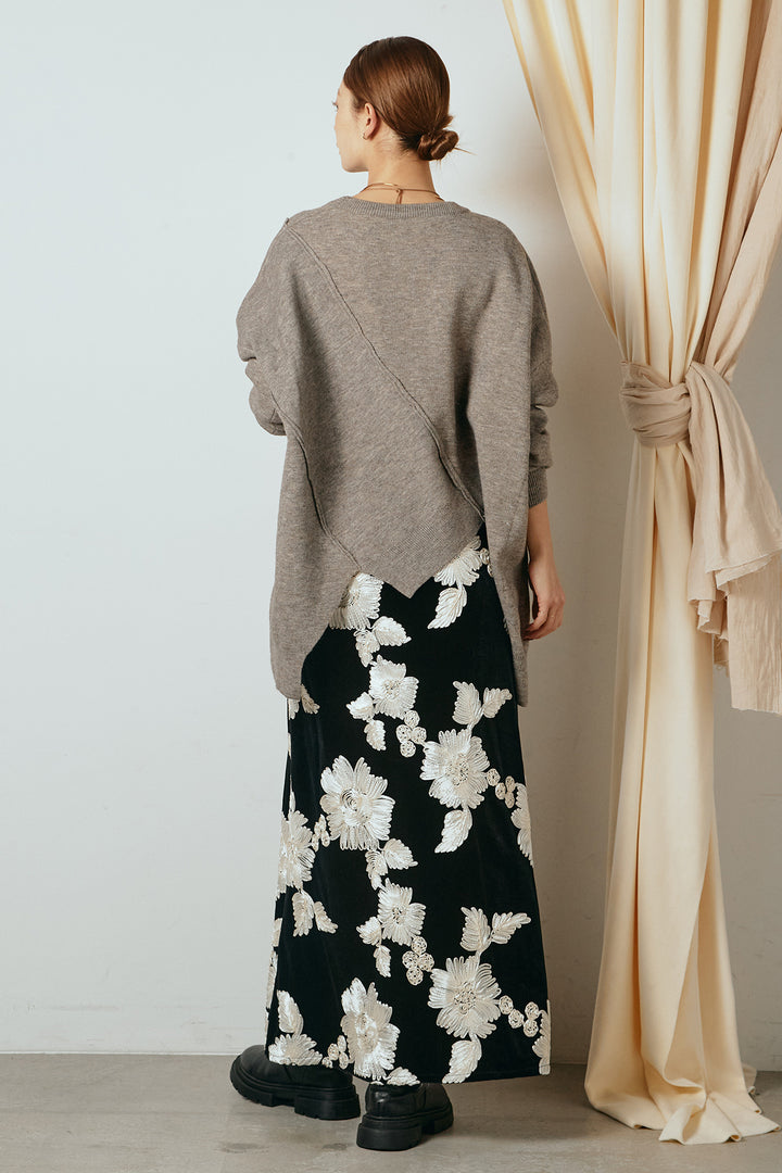 [SET]アシンメトリーデザインニットトップス+フラワー刺繍ワイドスカート(2set)