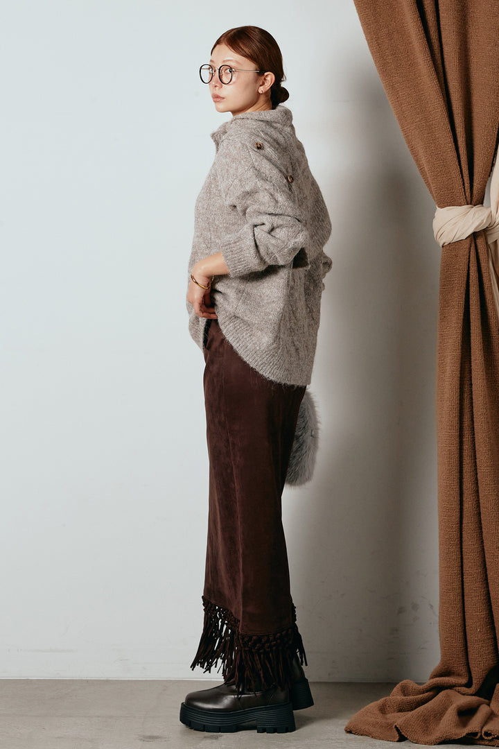 [SET]ケープデザインケーブルニットトップス+スウェードライク裾フリンジスカート(2set)