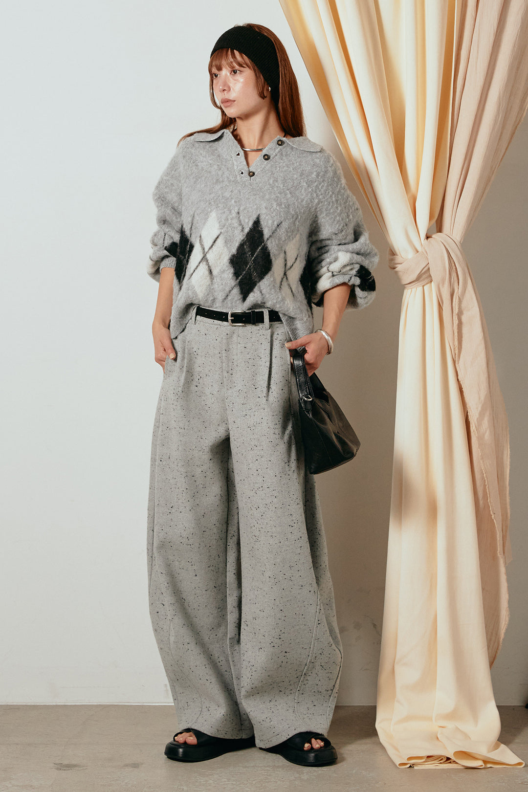 [SET]アーガイル柄ポロニットトップス+ベルト付きネップツイードカーブパンツ(2set)