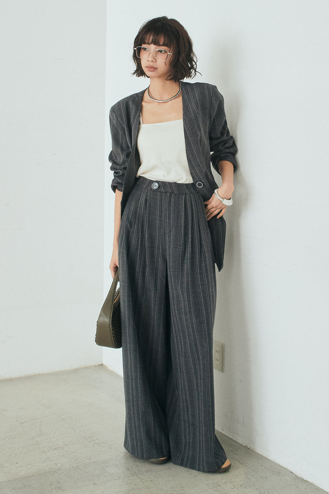 [SET]ノーカラーピンストライプジャケット+ピンストライプワイドスラックス(2set)