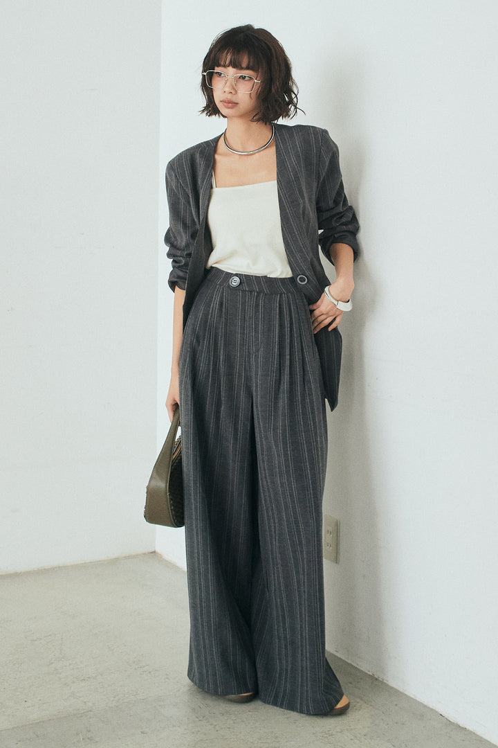 [SET]ノーカラーピンストライプジャケット+ピンストライプワイドスラックス(2set)