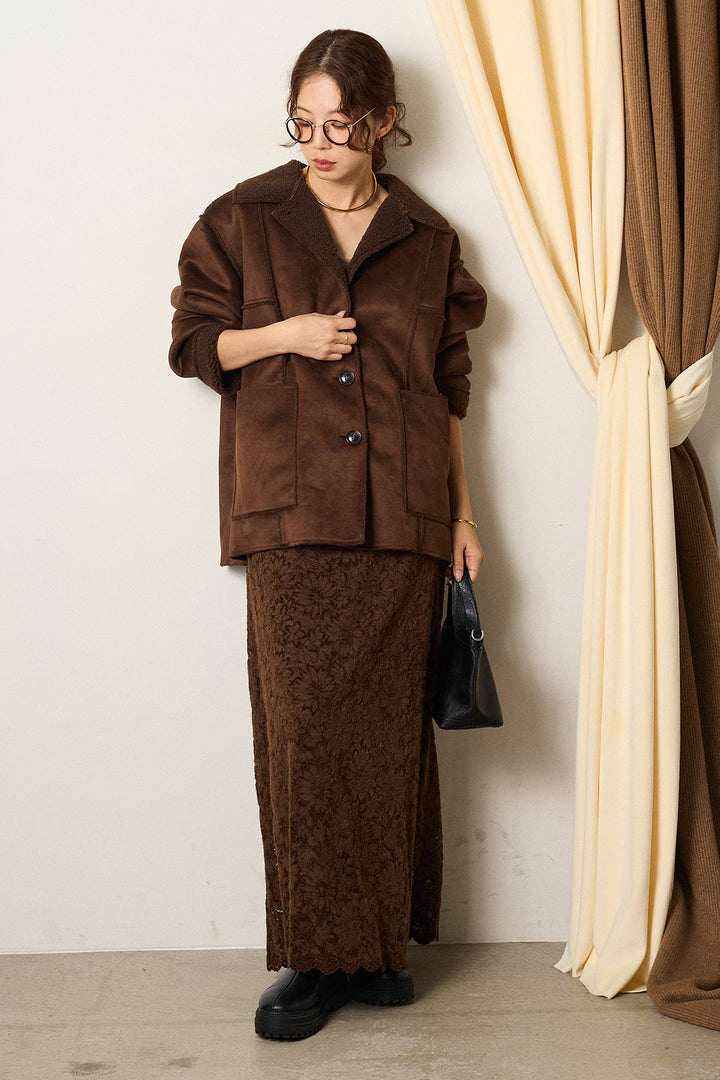 [SET]エコムートンカバーオール+花柄刺繍ベロアフレアスカート(2set)