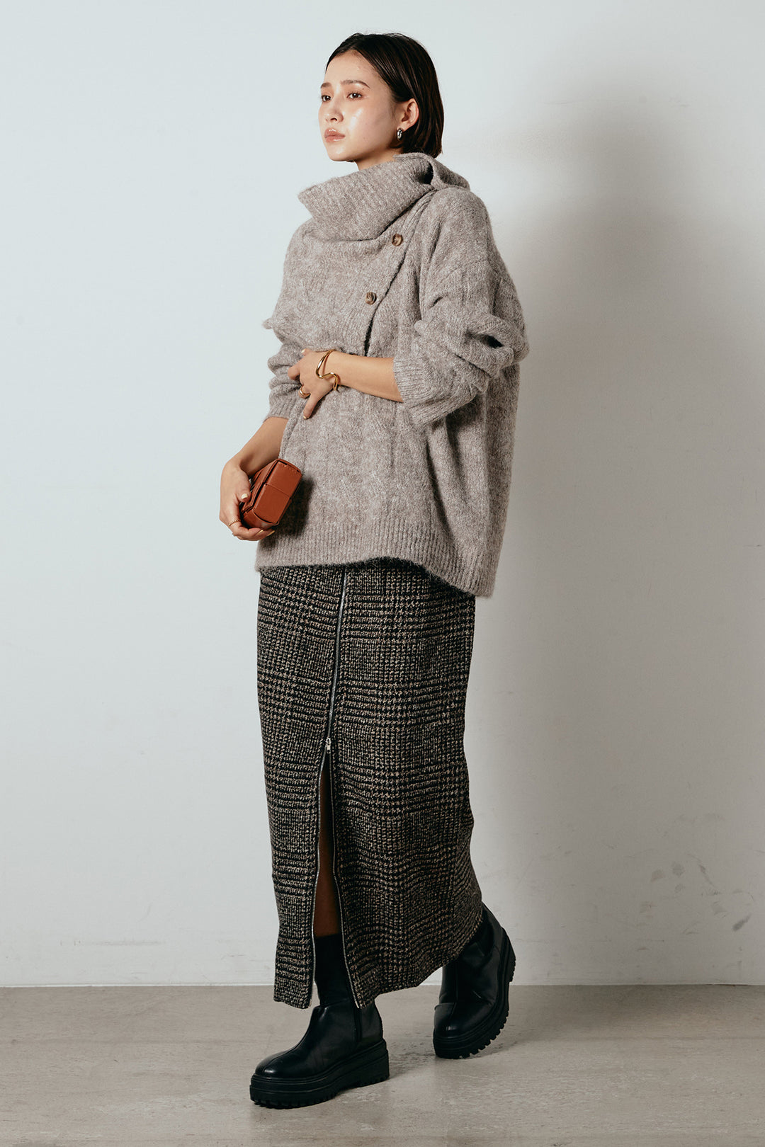 [SET]ケープデザインケーブルニットトップス+グレンチェック柄フロントジップタイトスカート(2set)