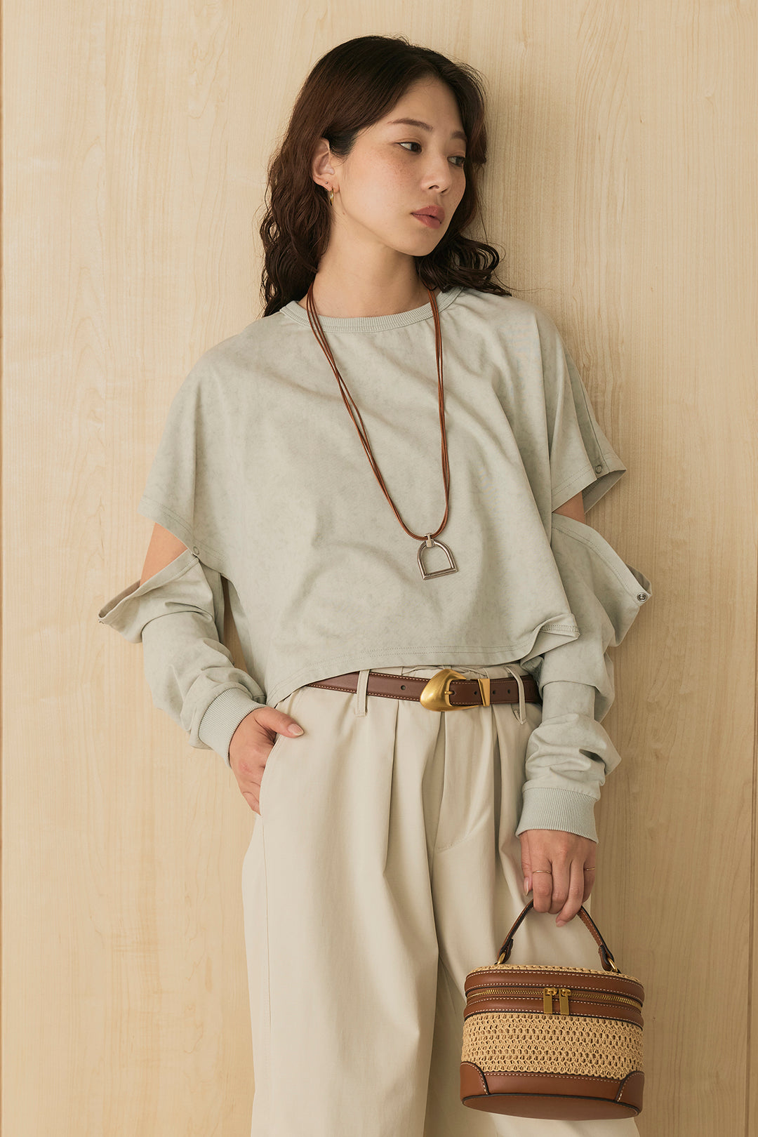 [SET]セパレートフェードTシャツ+ニーサイドタックウエストドロストパンツ(2set)