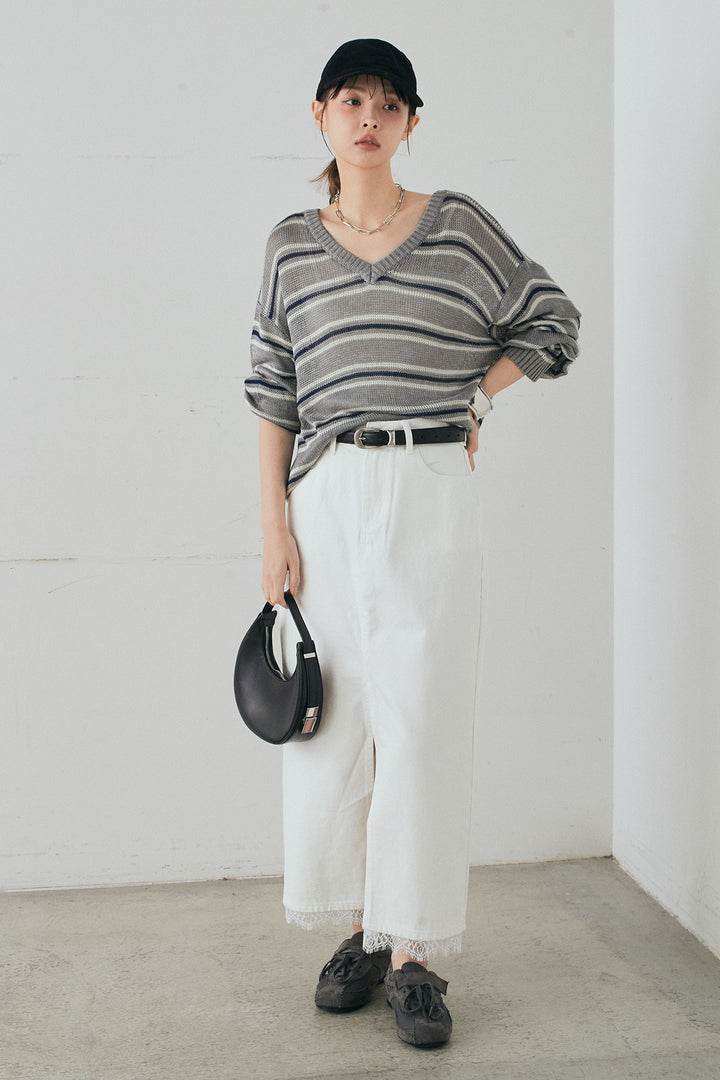 [SET]綿タッチVネックボーダートップス+裾レースデザインデニムスカート(2set)