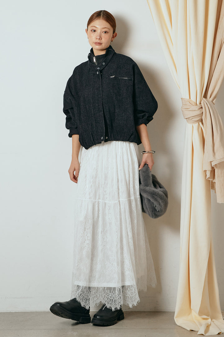 [SET]デニム調ハイネックブルゾン+ひげレース切替ロング丈スカート(2set)