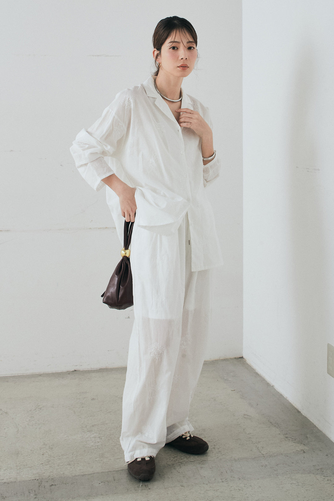 [SET]刺繍ローンオープンカラーシャツ+刺繍ローンタックイージーパンツ(2set)