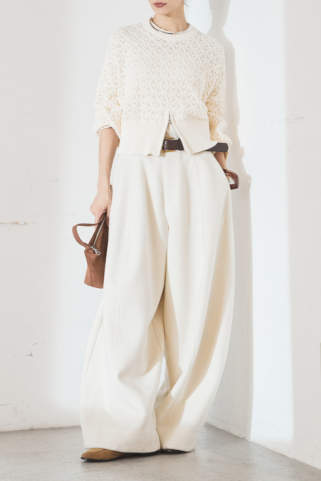 [SET]透かし編みニットジップスリットプルオーバー+ウールタッチカーブワイドパンツ(2set)