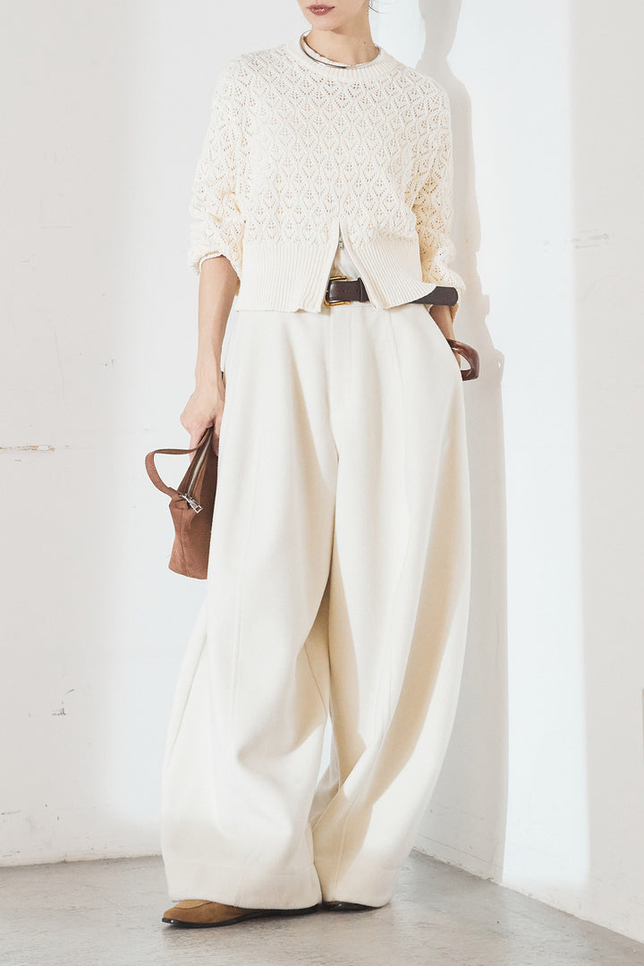[SET]透かし編みニットジップスリットプルオーバー+ウールタッチカーブワイドパンツ(2set)