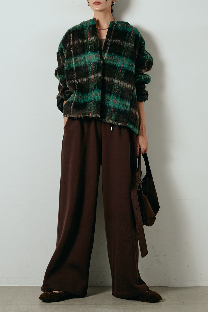 [SET]ノーカラーシャギーチェックアウター+裏起毛スウェットワイドパンツ(2set)