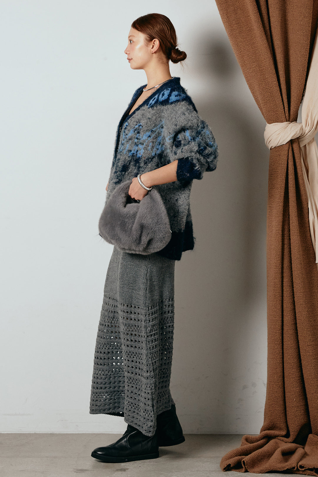 [SET]シャギーニュアンス柄ニットカーディガン+裾透かし編みキャミソールニットワンピース(2set)