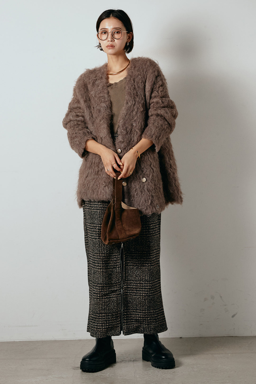 [SET]ウェーブシャギーニットジャケット+グレンチェック柄フロントジップタイトスカート(2set)