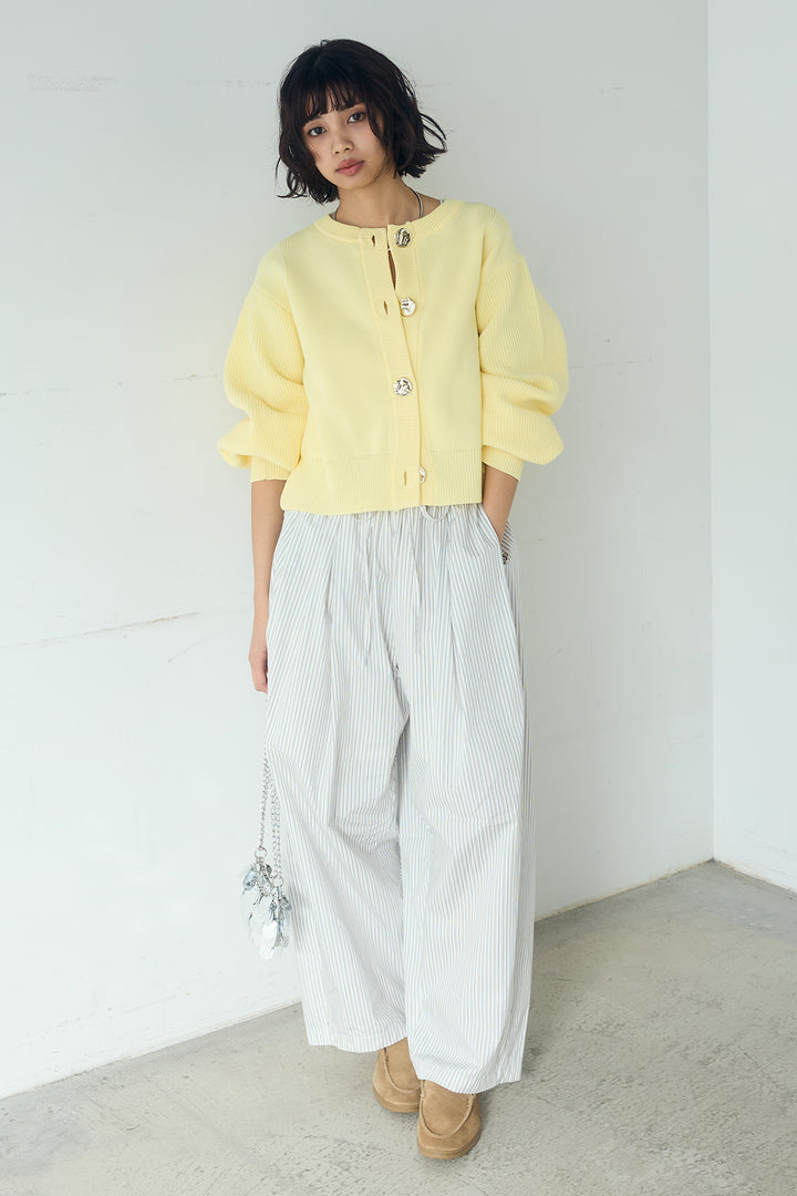 [SET]スポンディッシュBIGボタンクルーネックカーディガン+ランダムストライプタックギャザーパンツ(2set)