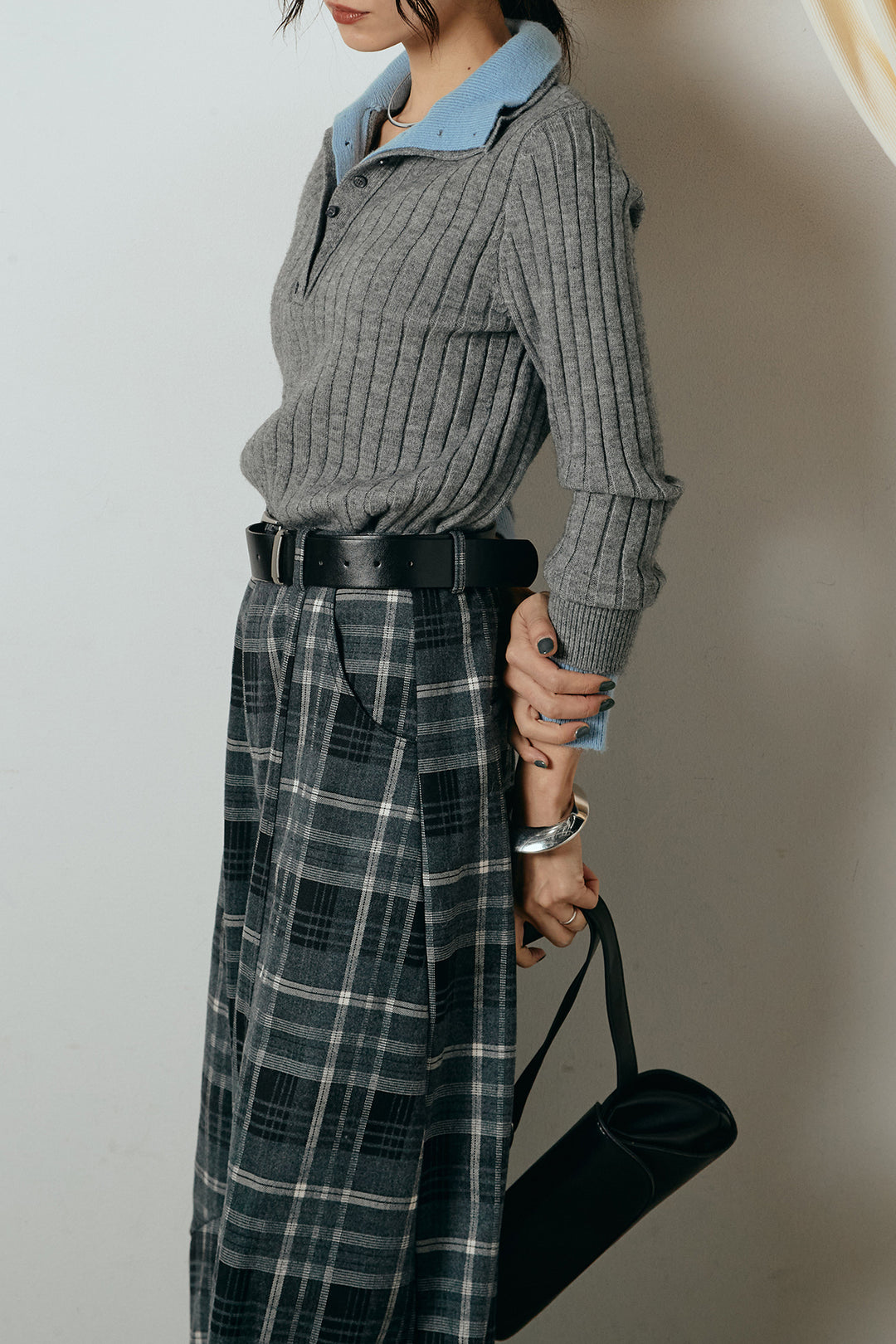 [SET]レイヤード風リブニットトップス+ベルト付きタータンチェックカーブワイドパンツ(2set)