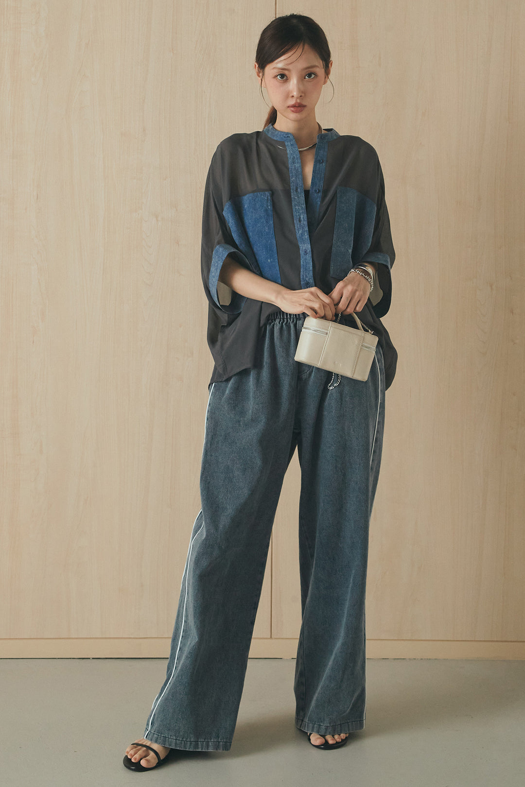[SET]デニムライクビッグツーポケシアーシャツ+ドロストサイドラインデニムパンツ(2set)
