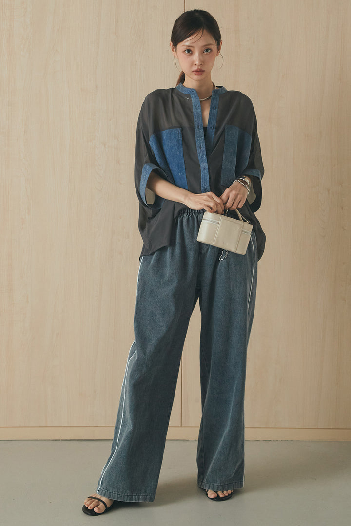 [SET]デニムライクビッグツーポケシアーシャツ+ドロストサイドラインデニムパンツ(2set)
