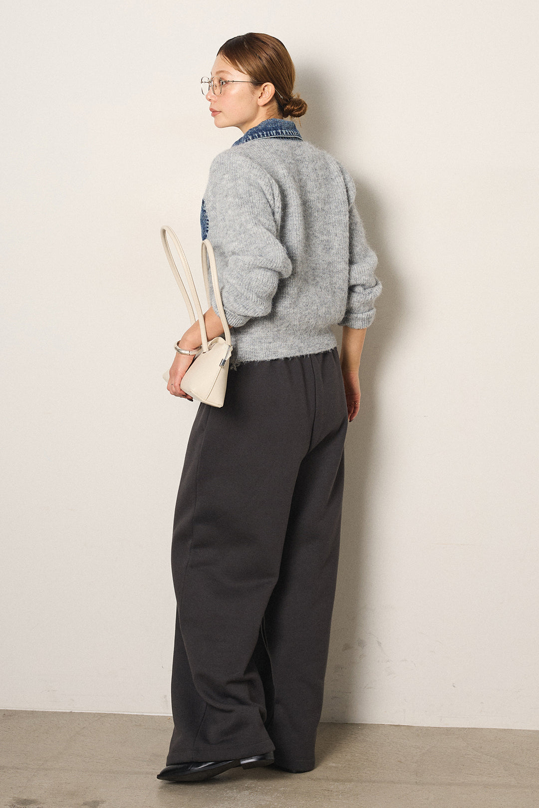 [SET]襟付きデニム切替ニットカーディガン+裏起毛スウェットワイドパンツ(2set)