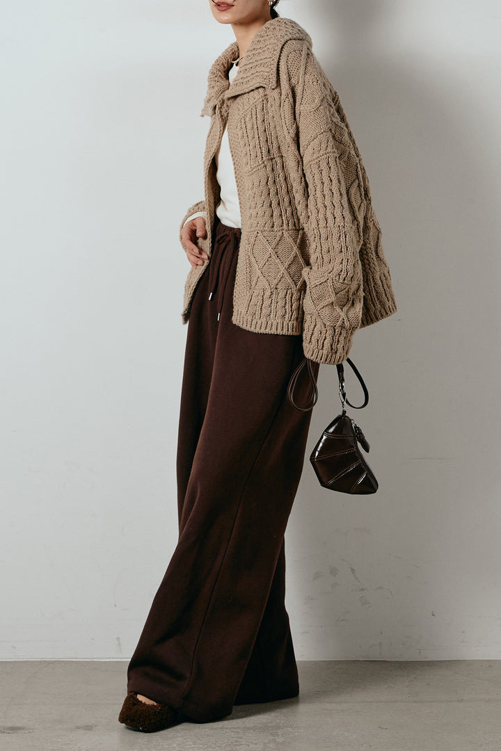 [SET]ビッグカラーケーブル編みニットトップス+2WAY袖コード刺繍クルーネックプルオーバー+裏起毛スウェットワイドパンツ(3set)