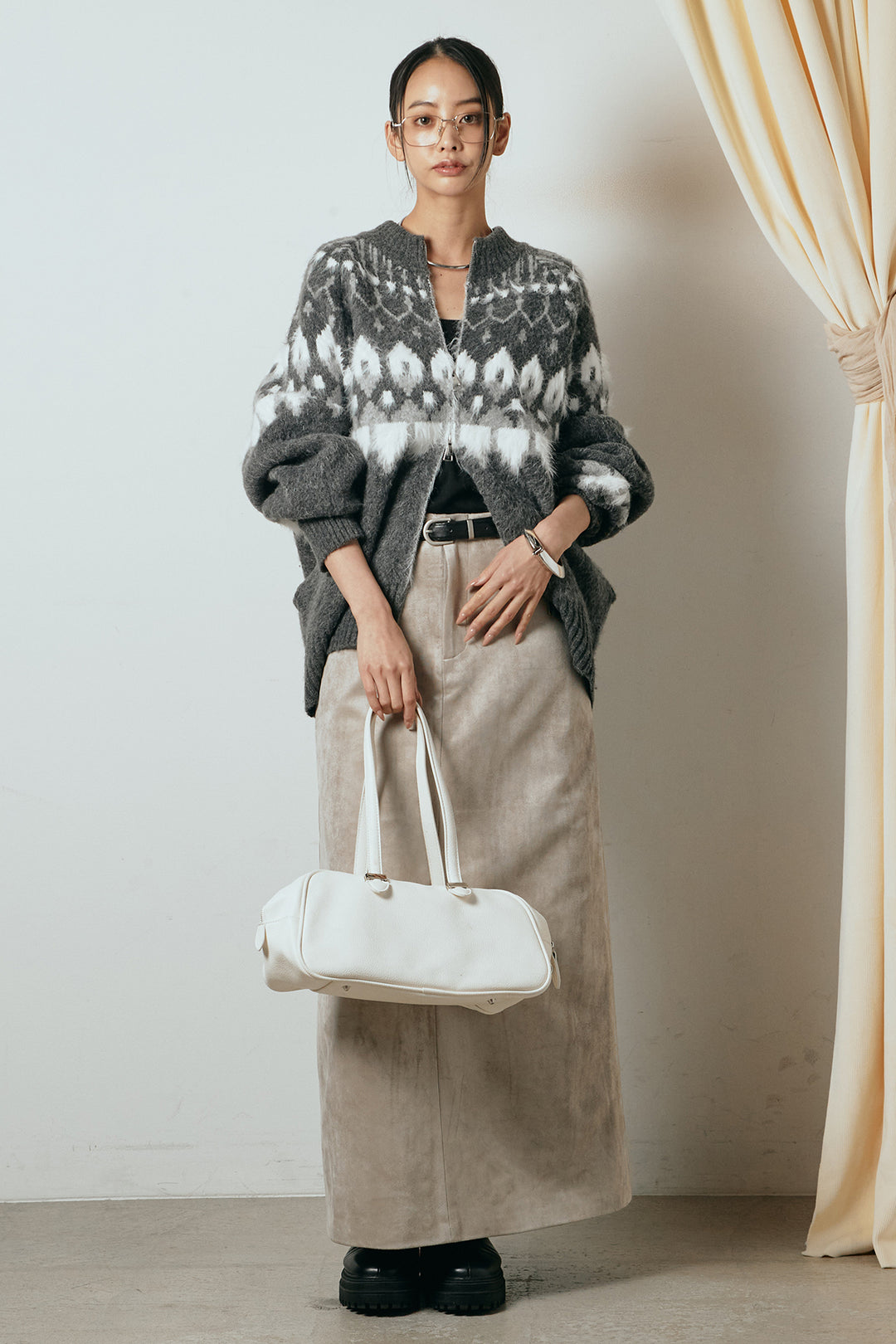 [SET]起毛ダブルジップパターンニットカーディガン+エコスウェードワイドスカート(2set)