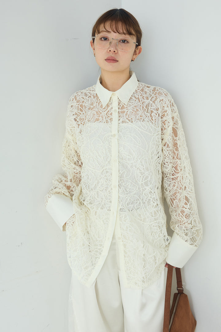 [SET]刺繍レースオーバーサイズシャツ+サテンレース切り替えタックパンツ(2set)