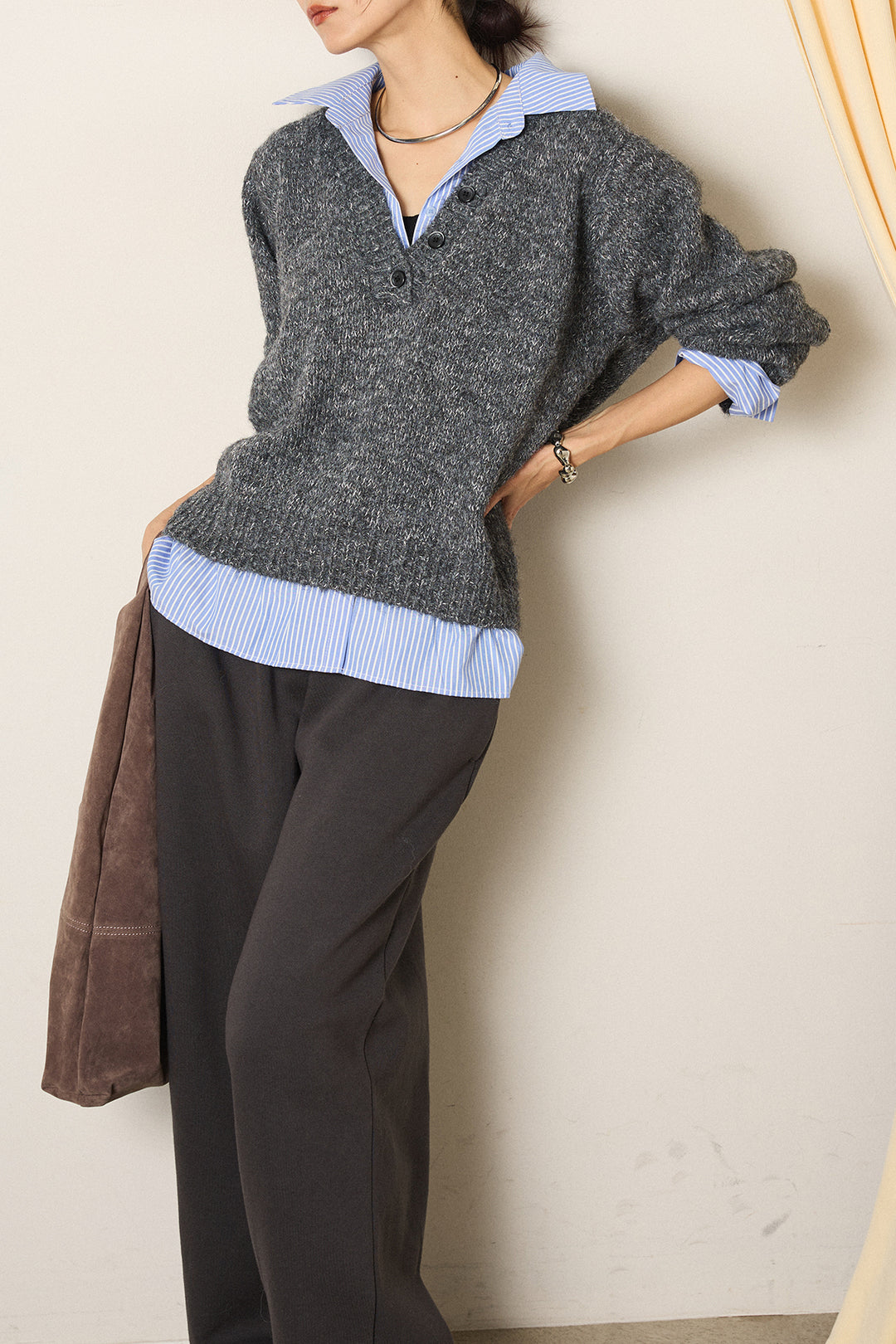 [SET]ストライプシャツドッキングニットポロトップス+裏起毛スウェットワイドパンツ(2set)