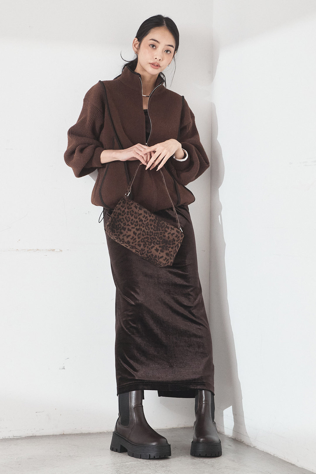 [SET]ハイネックパイピングデザインブルゾン+ベロアバレエネックワンピース(2set)